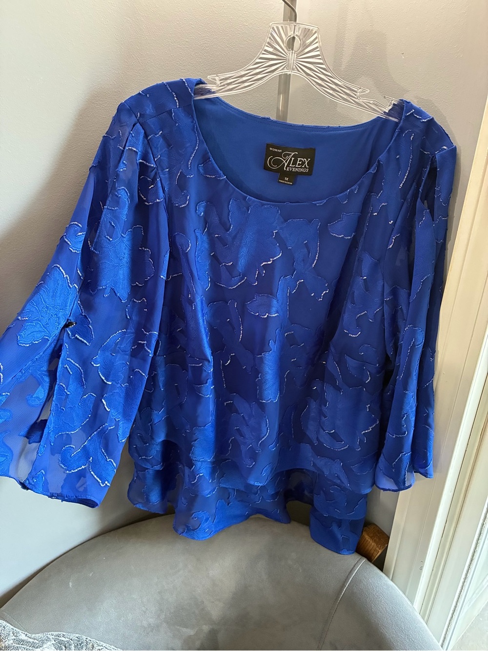 Alex Evenings Cobalt Blue Embroidered Chiffon Peplum Blouse